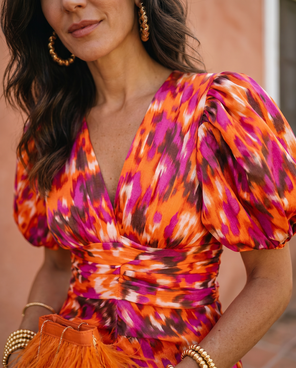 V-Neck Puff Sleeve Animal Print Ruched Midi Dress