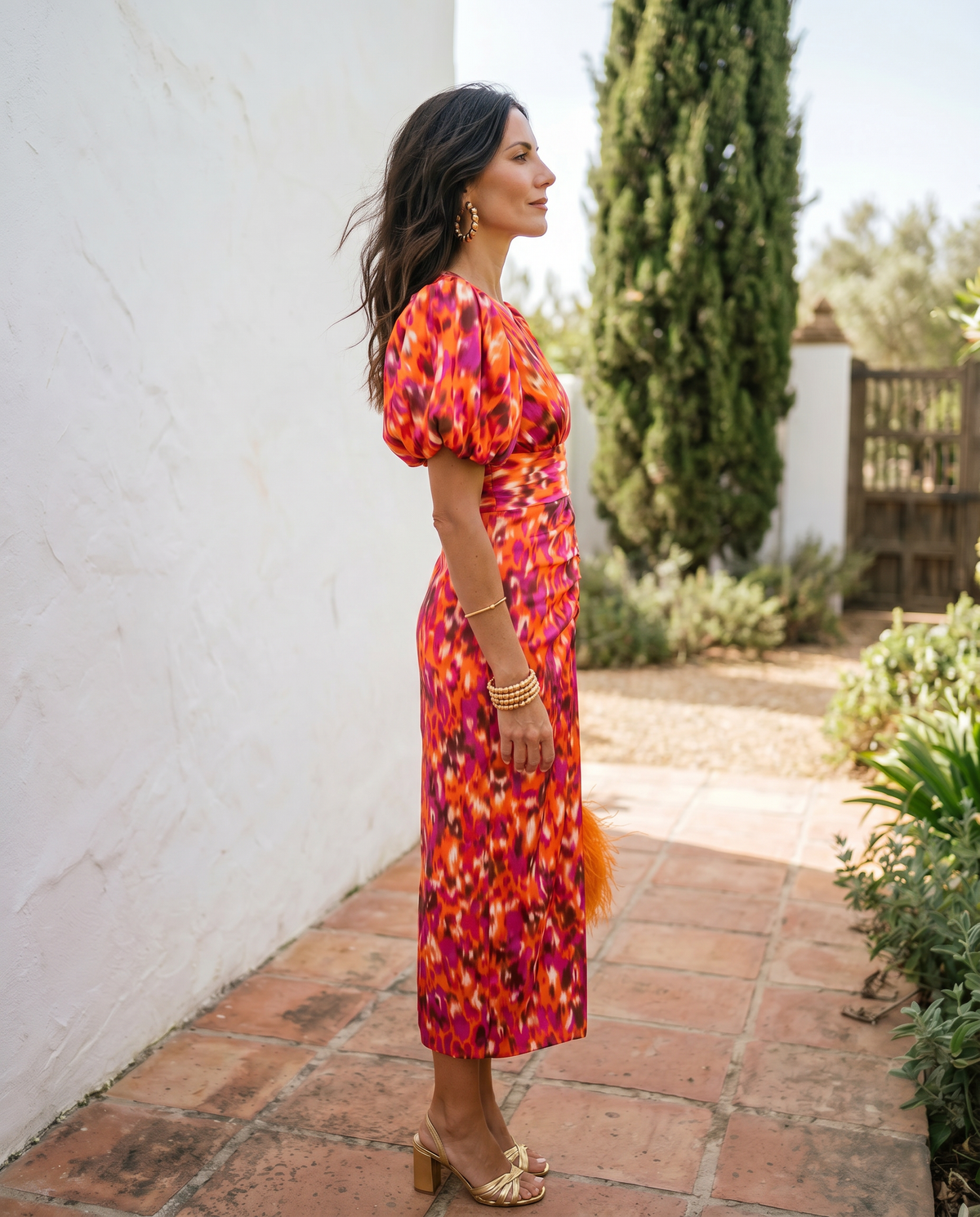 V-Neck Puff Sleeve Animal Print Ruched Midi Dress