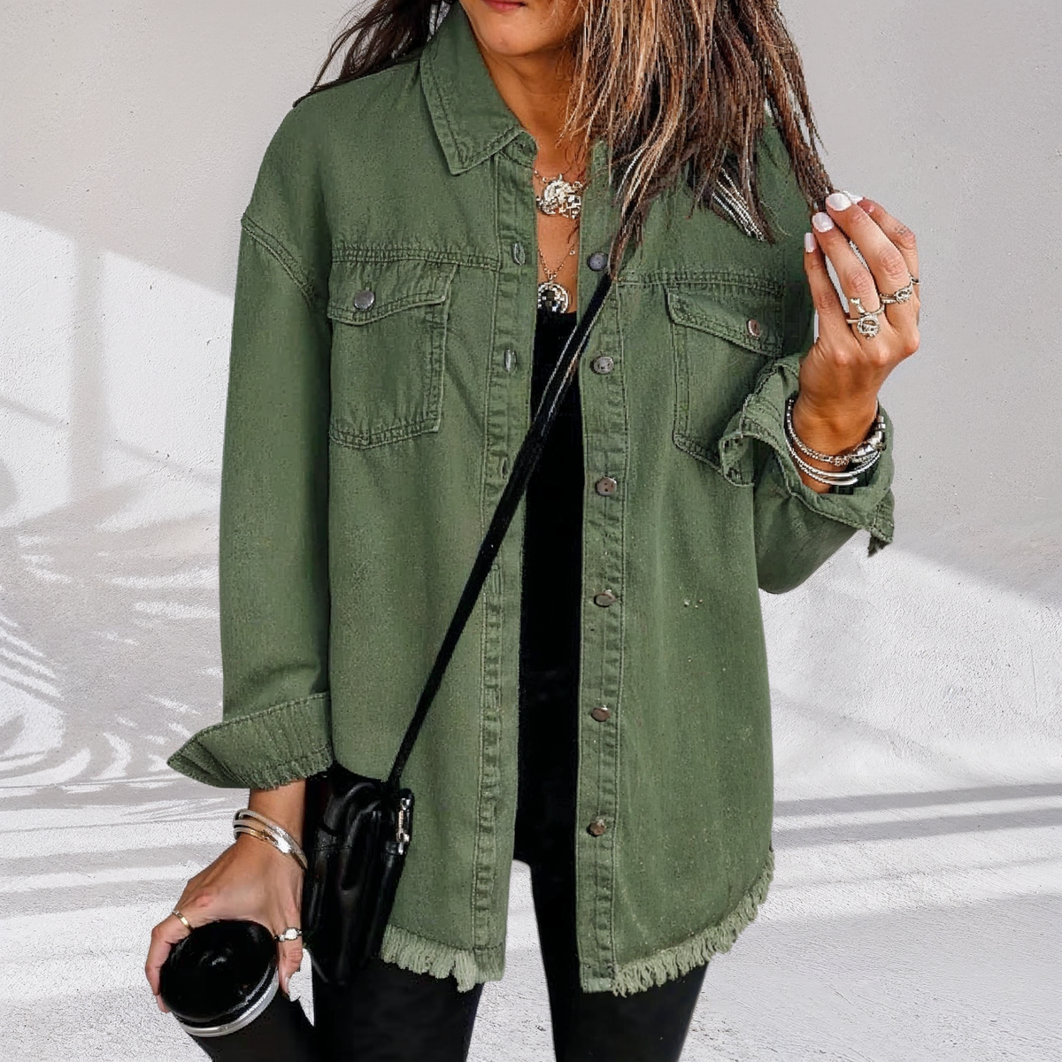 Frayed Hem Chest Pocket Button Front Denim Jacket