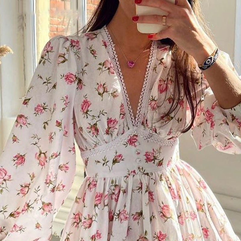 Emery Aesthetic Short Floral Dress with V Neck Designer Edit