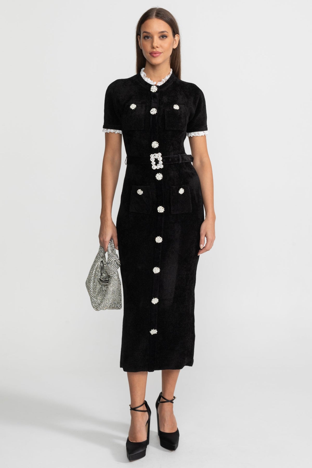 Short Sleeve Belted Jewel Button Front Lace Trim Knit Midi Dress