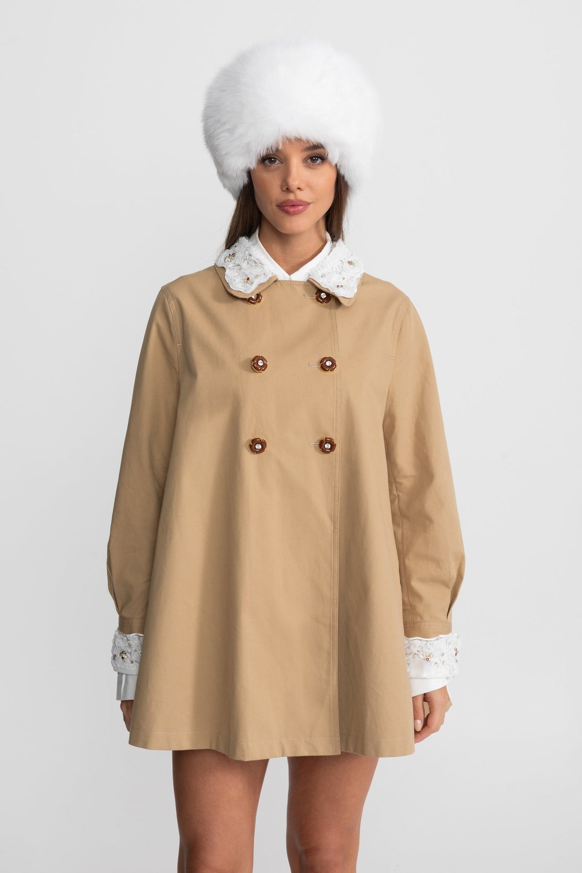 Embellished Collar Double Breasted Long Sleeve Swing Trench Mini Dress 4