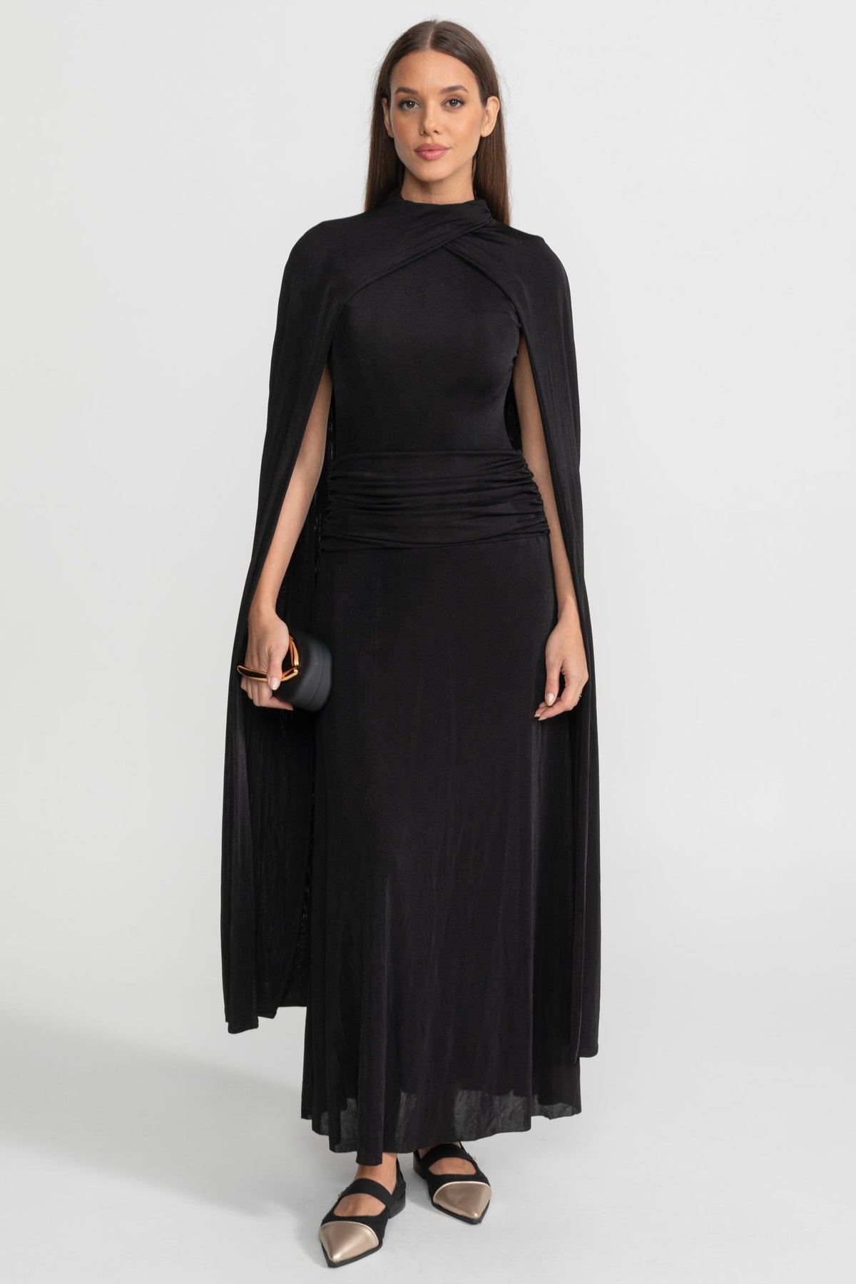 Mock Neck Cape Sleeve Ruched Waist Draped Maxi Dress