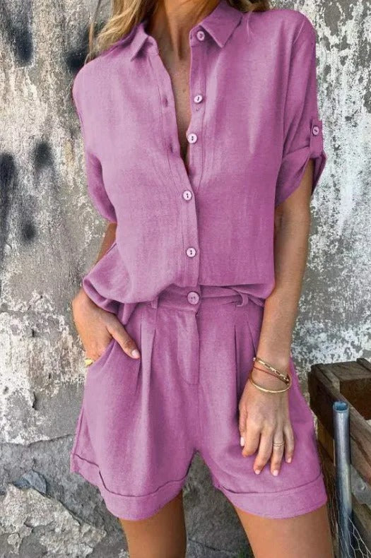 Collared Button Front Shirt and Shorts Two Piece Set