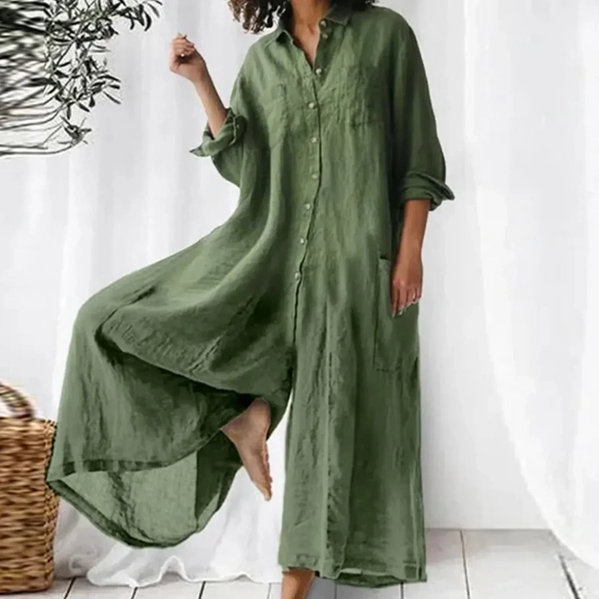 Button Front Collared Long Sleeve High Low Maxi Shirt Dress