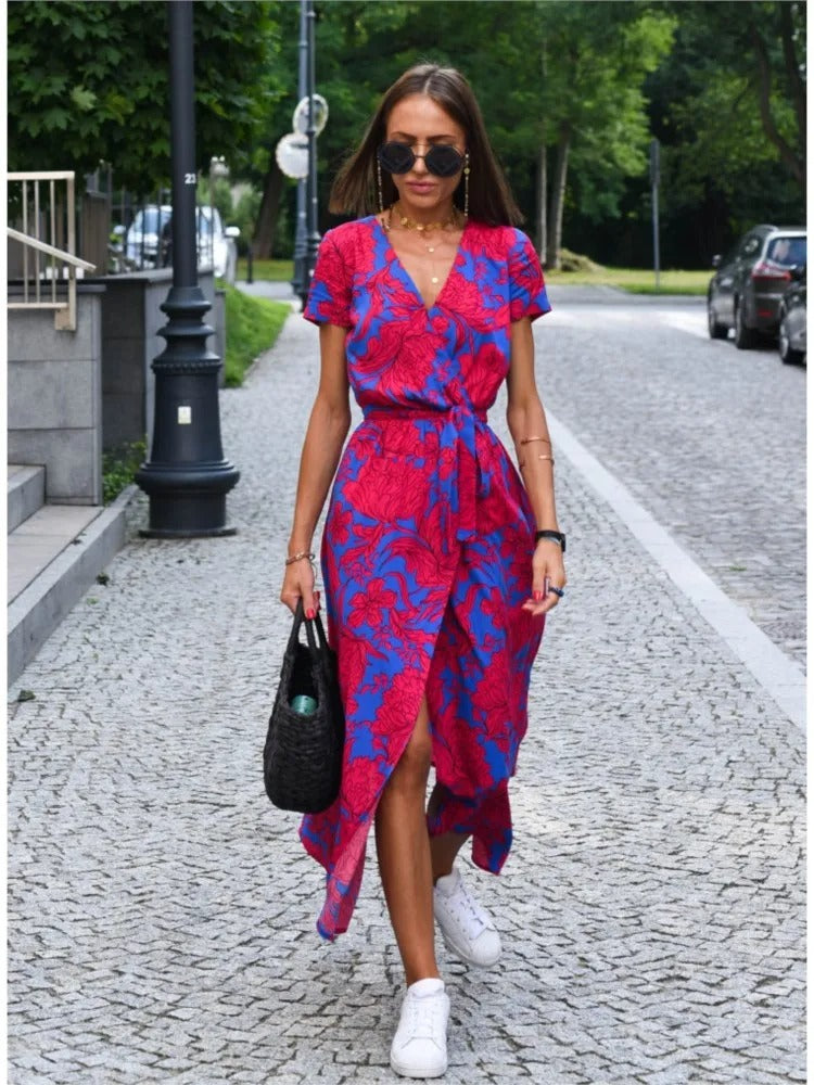 Vada - Sunset Stroll V-Neck Slit Print Dress Floral Purple
