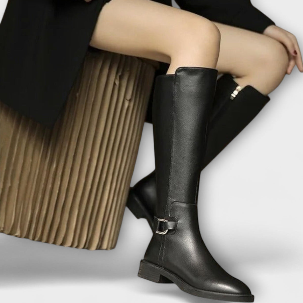 Round Toe Buckle Strap Low Block Heel Knee High Boots