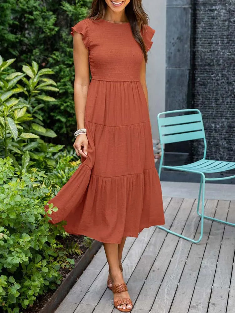Smocked Flutter Sleeve Tiered Midi Dress