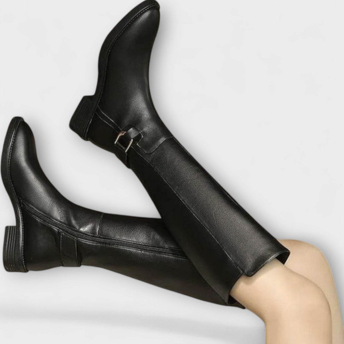 Round Toe Buckle Strap Low Block Heel Knee High Boots