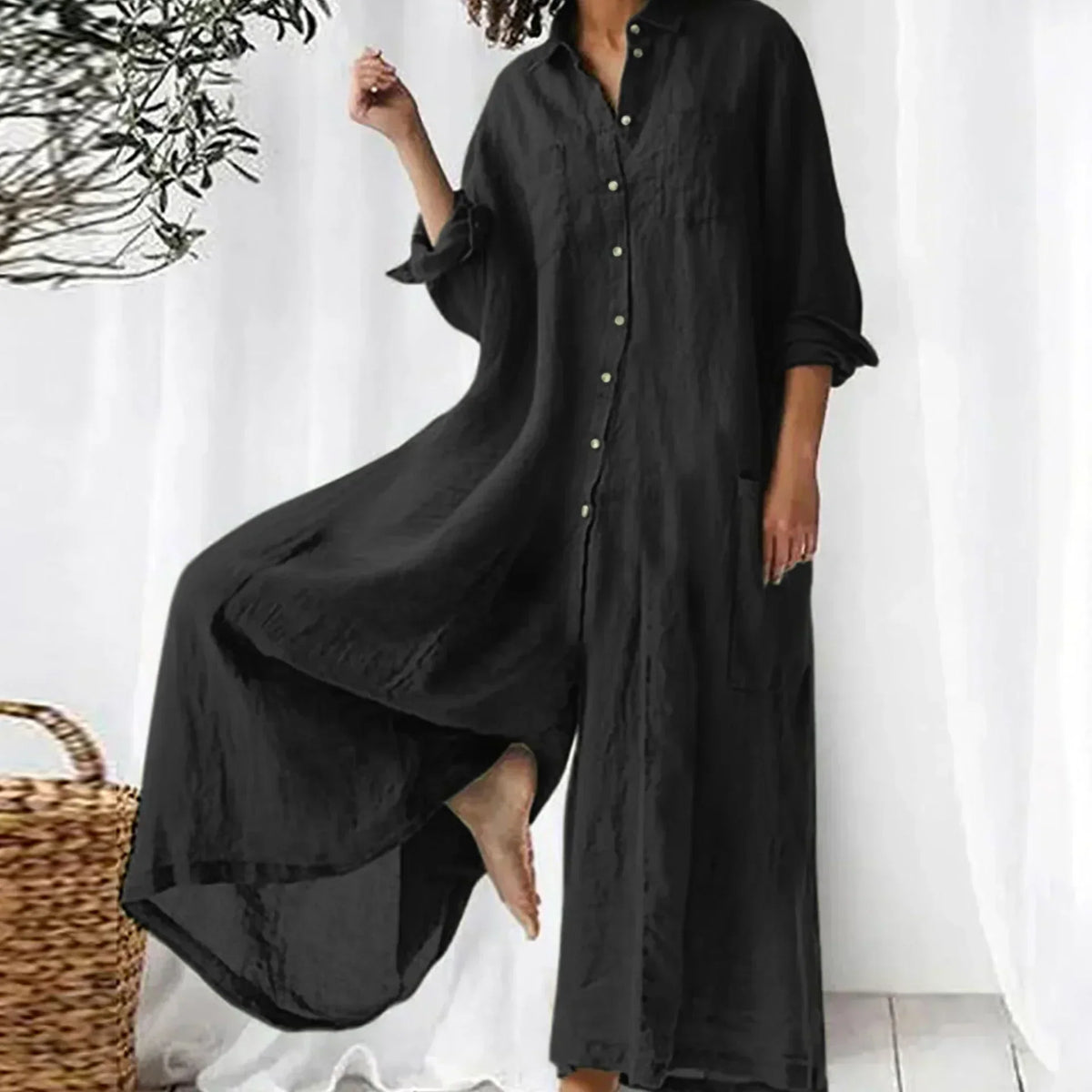 Button Front Collared Long Sleeve High Low Maxi Shirt Dress