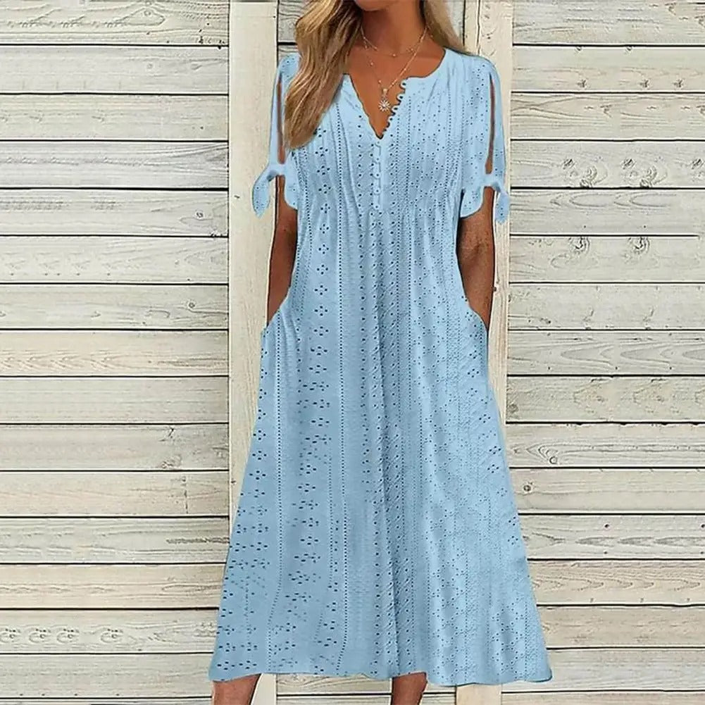 Eyelet Hollow Out V-Neck Button Front Tie Cuff Pocket A-Line Midi Dress