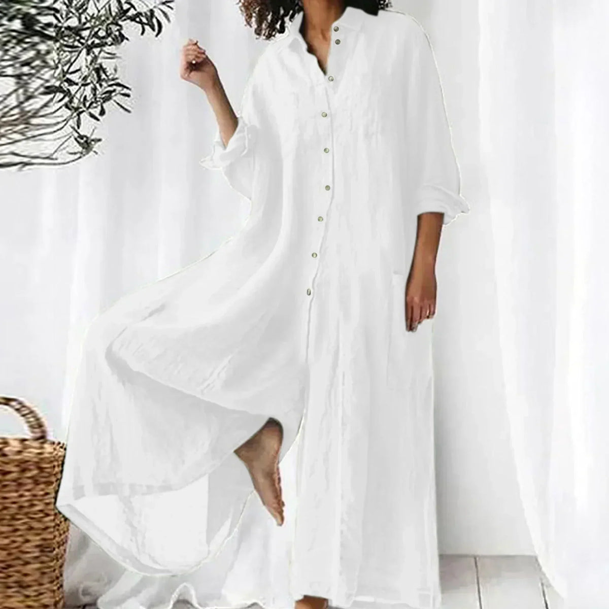 Button Front Collared Long Sleeve High Low Maxi Shirt Dress