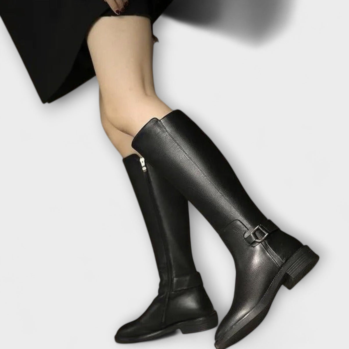 Round Toe Buckle Strap Low Block Heel Knee High Boots