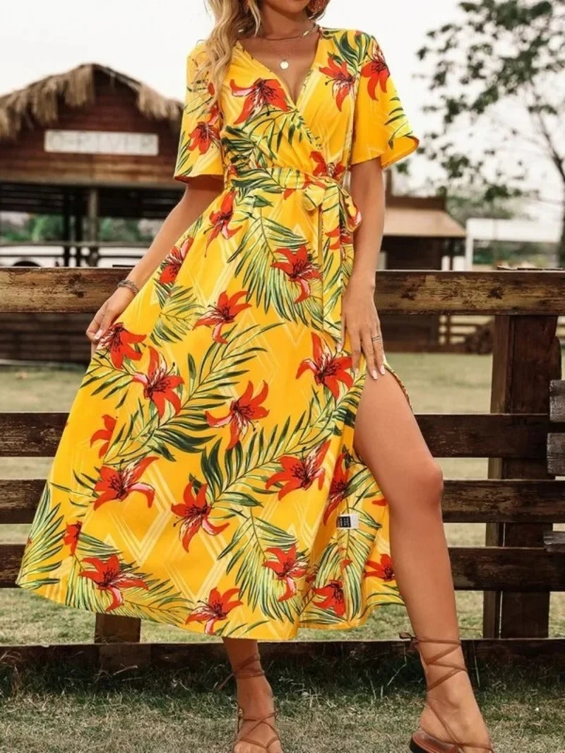 Lucille - Printed V-Neck Split Beach Vacation Dress Yellow