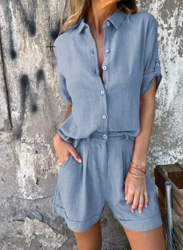 Collared Button Front Shirt and Shorts Two Piece Set