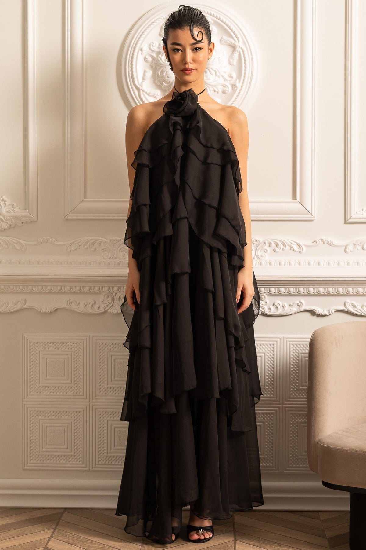 Halter Neck Rosette Tiered Ruffle Chiffon Maxi Dress