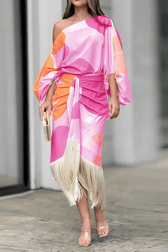 One Shoulder Batwing Fringe Wrap Midi Dress 11