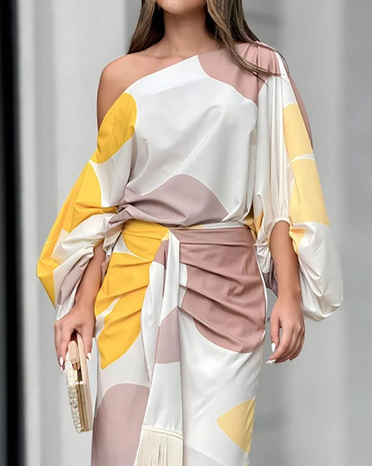 One Shoulder Batwing Fringe Wrap Midi Dress 7