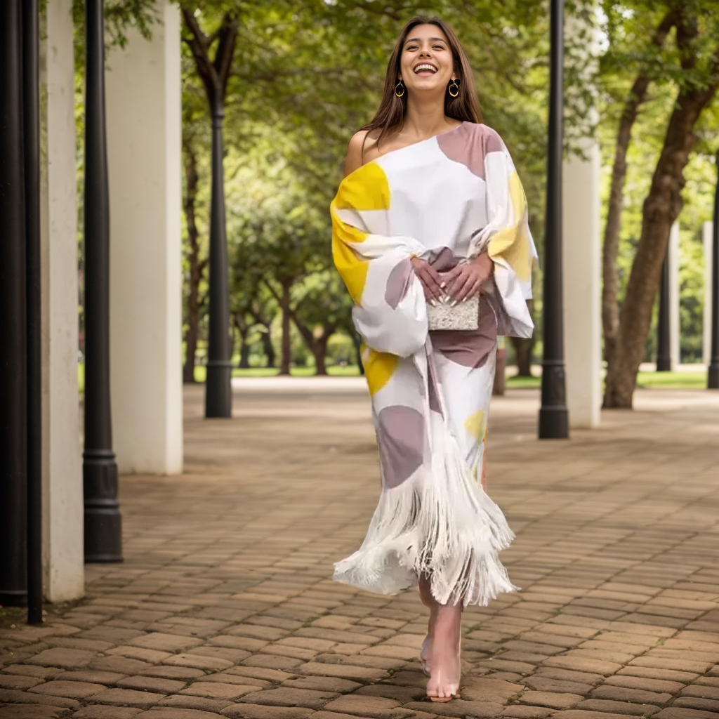 One Shoulder Batwing Fringe Wrap Midi Dress 2