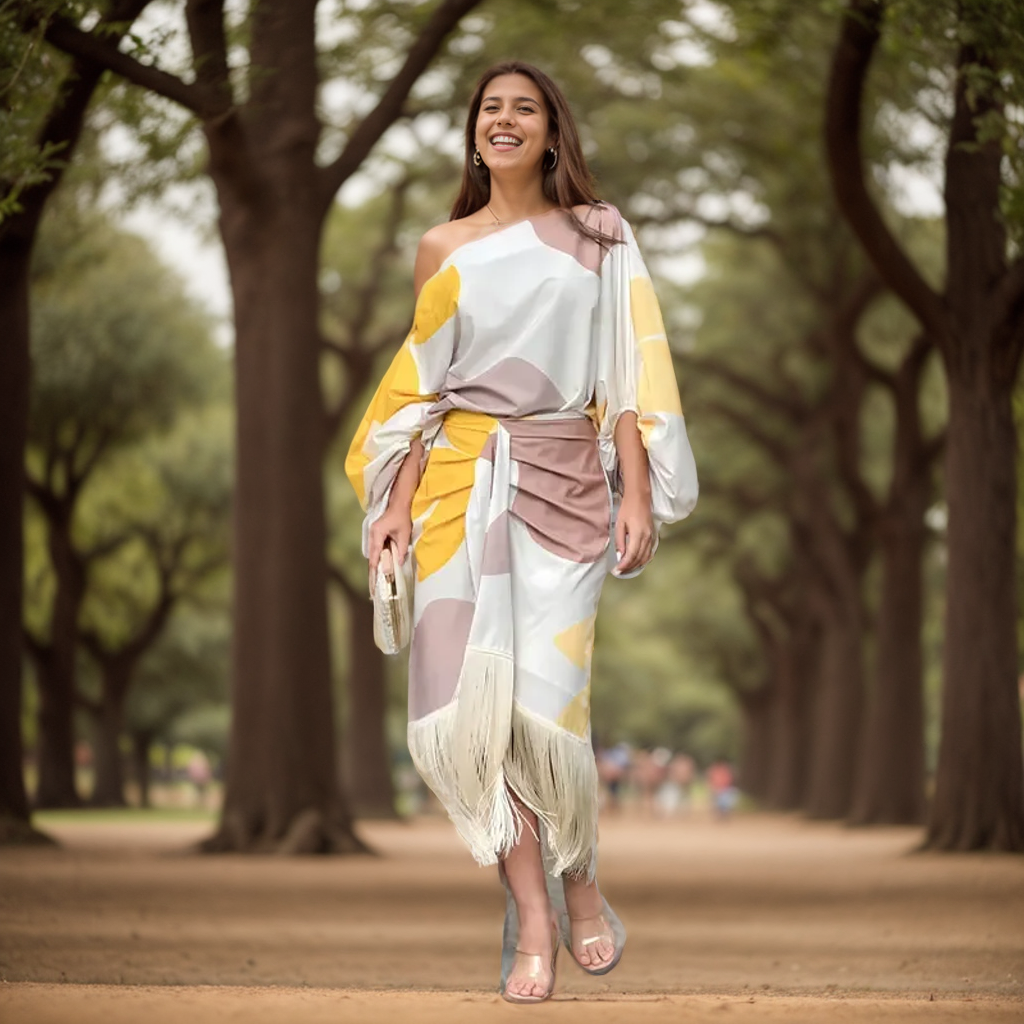 One Shoulder Batwing Fringe Wrap Midi Dress 3
