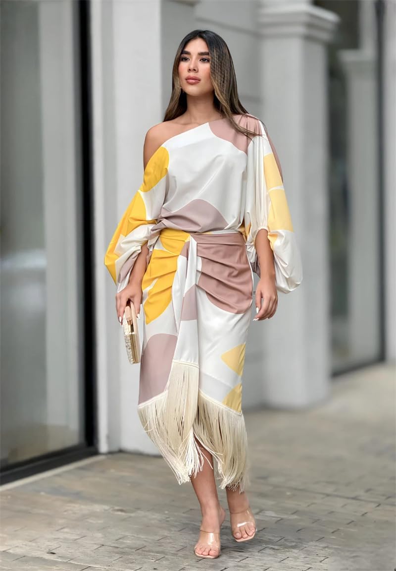 One Shoulder Batwing Fringe Wrap Midi Dress 5