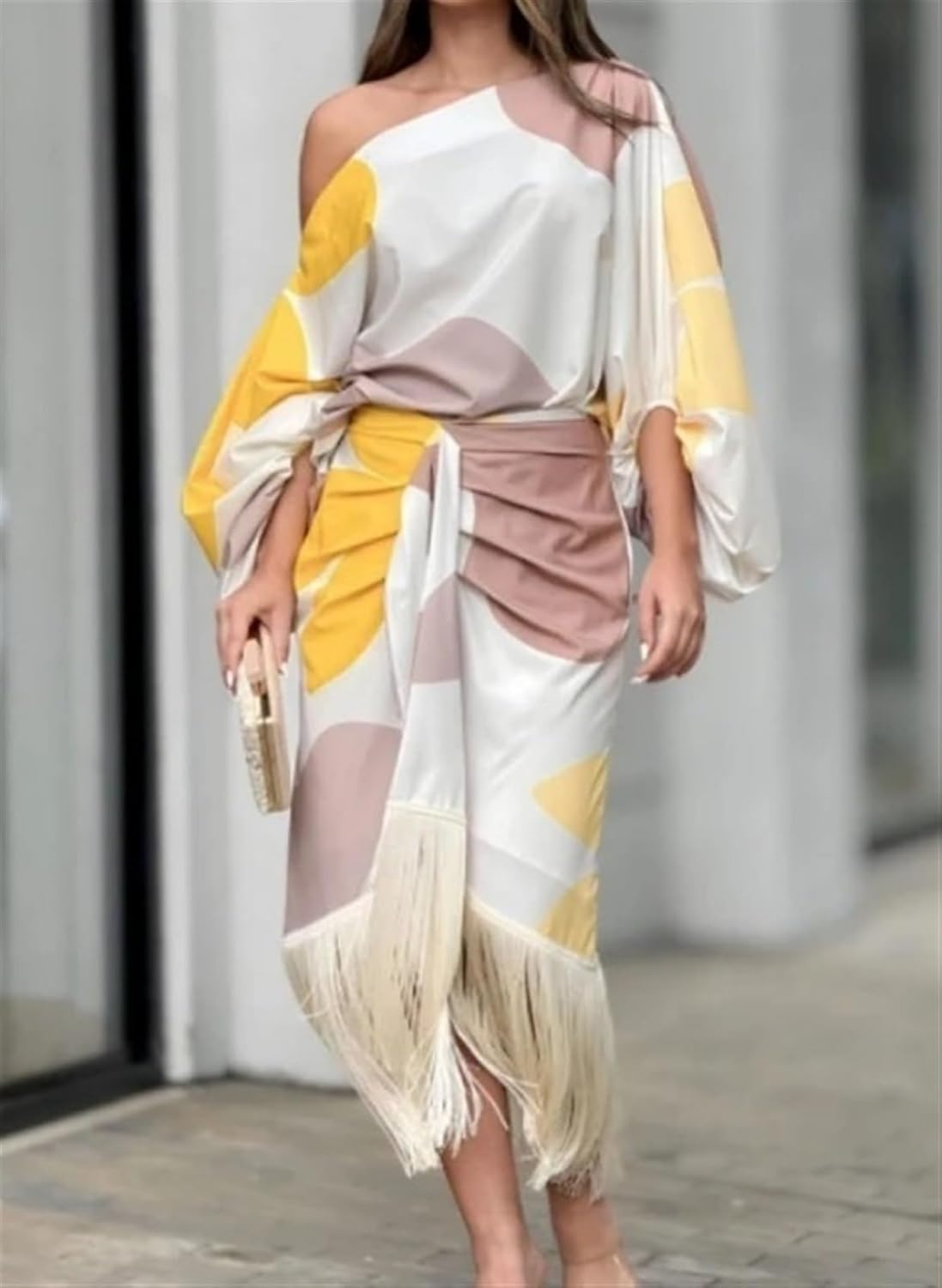 One Shoulder Batwing Fringe Wrap Midi Dress 6