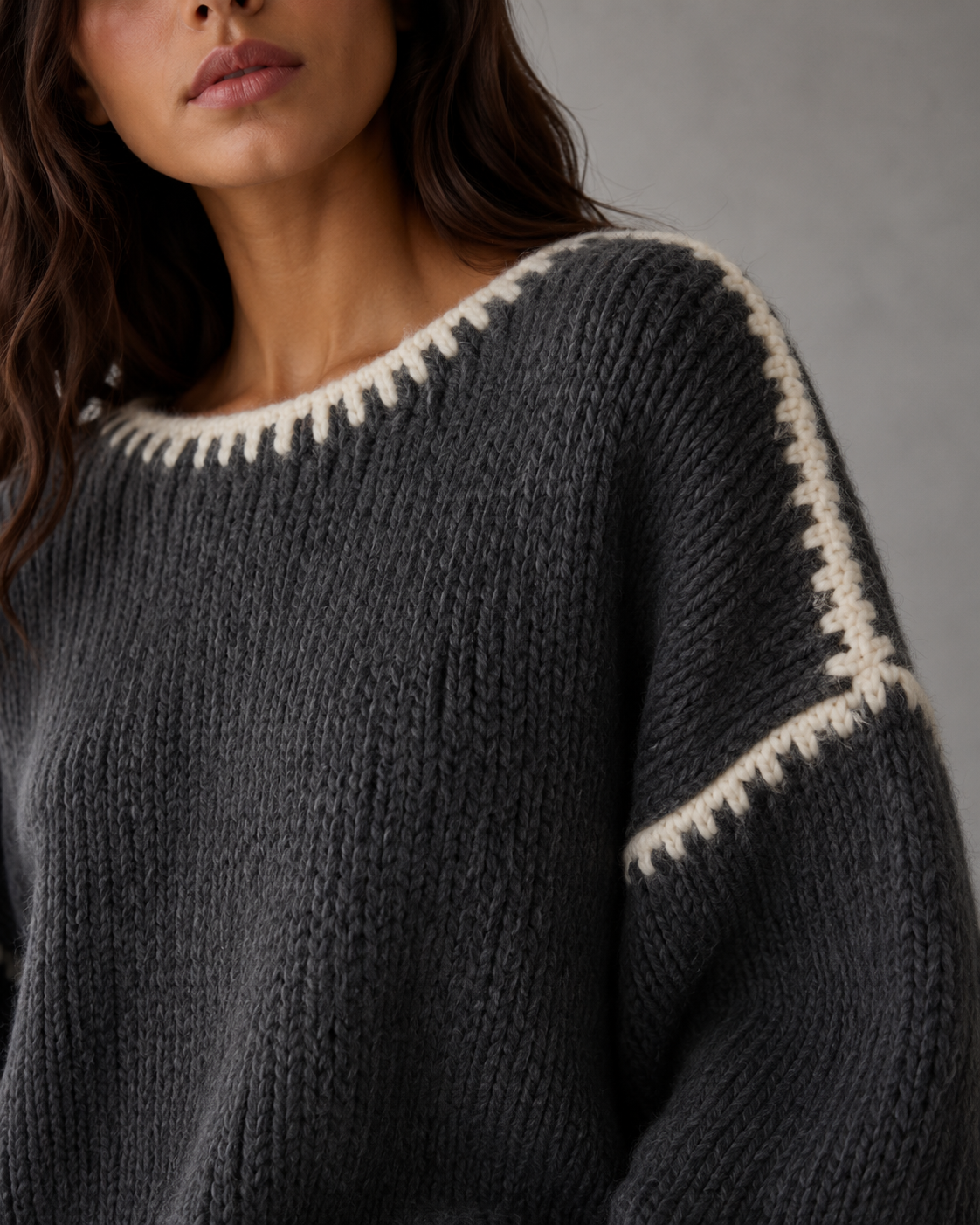 Boat Neck Contrast Stitch Chunky Knit Sweater
