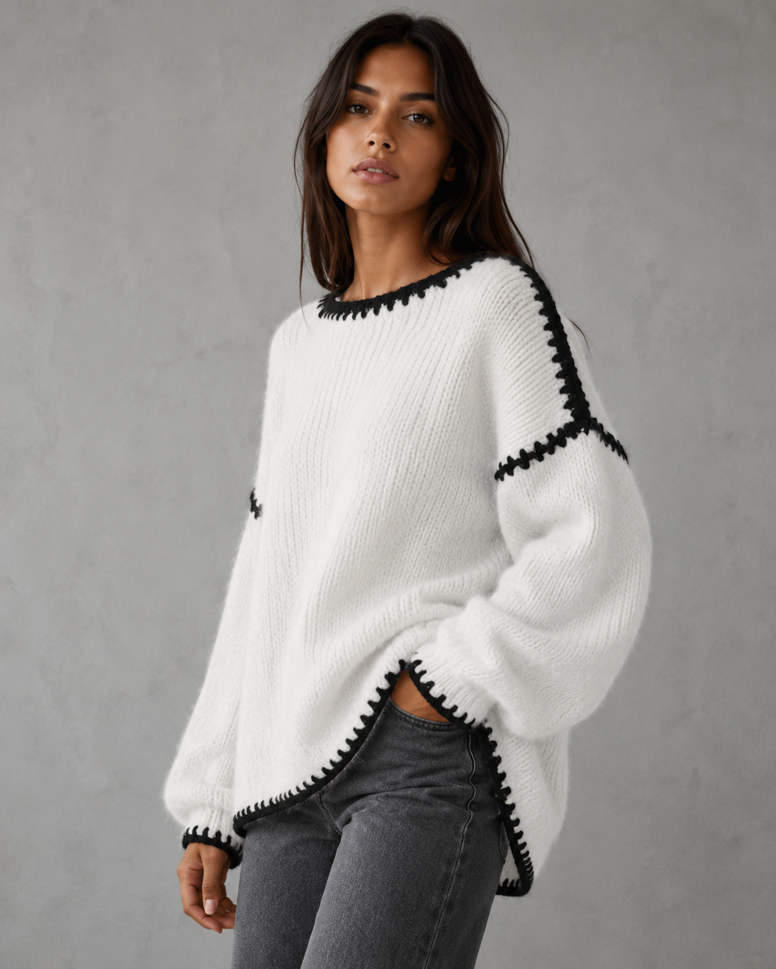 Boat Neck Contrast Stitch Chunky Knit Sweater