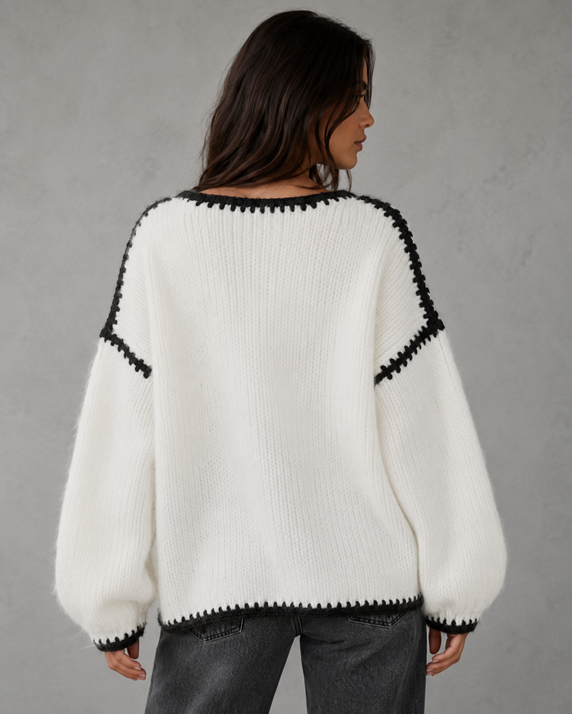 Boat Neck Contrast Stitch Chunky Knit Sweater