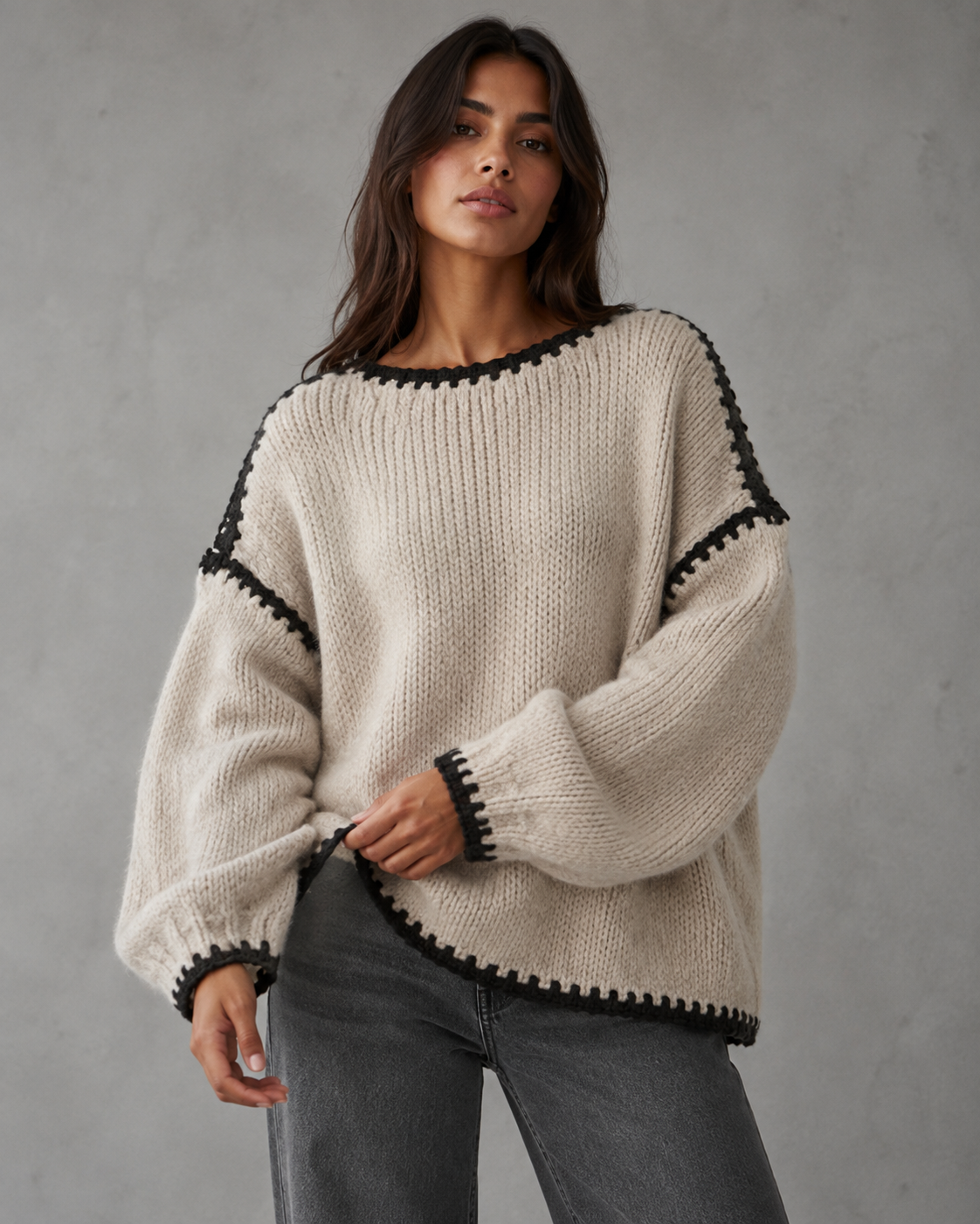Boat Neck Contrast Stitch Chunky Knit Sweater