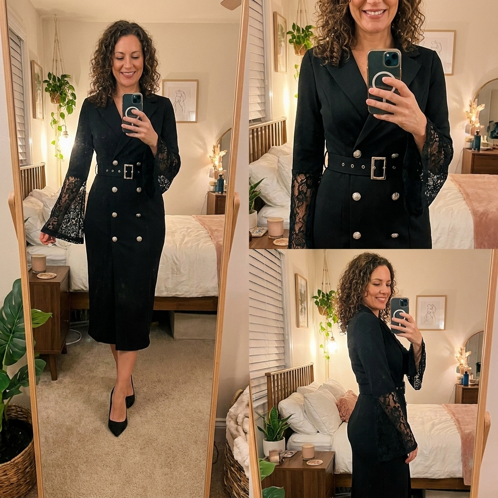 Double Breasted Belted Lace Bell Sleeve Blazer Midi Dress