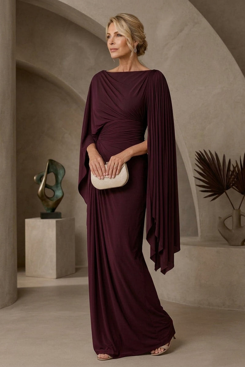 Draped Boat Neck Cape Sleeve Maxi Gown