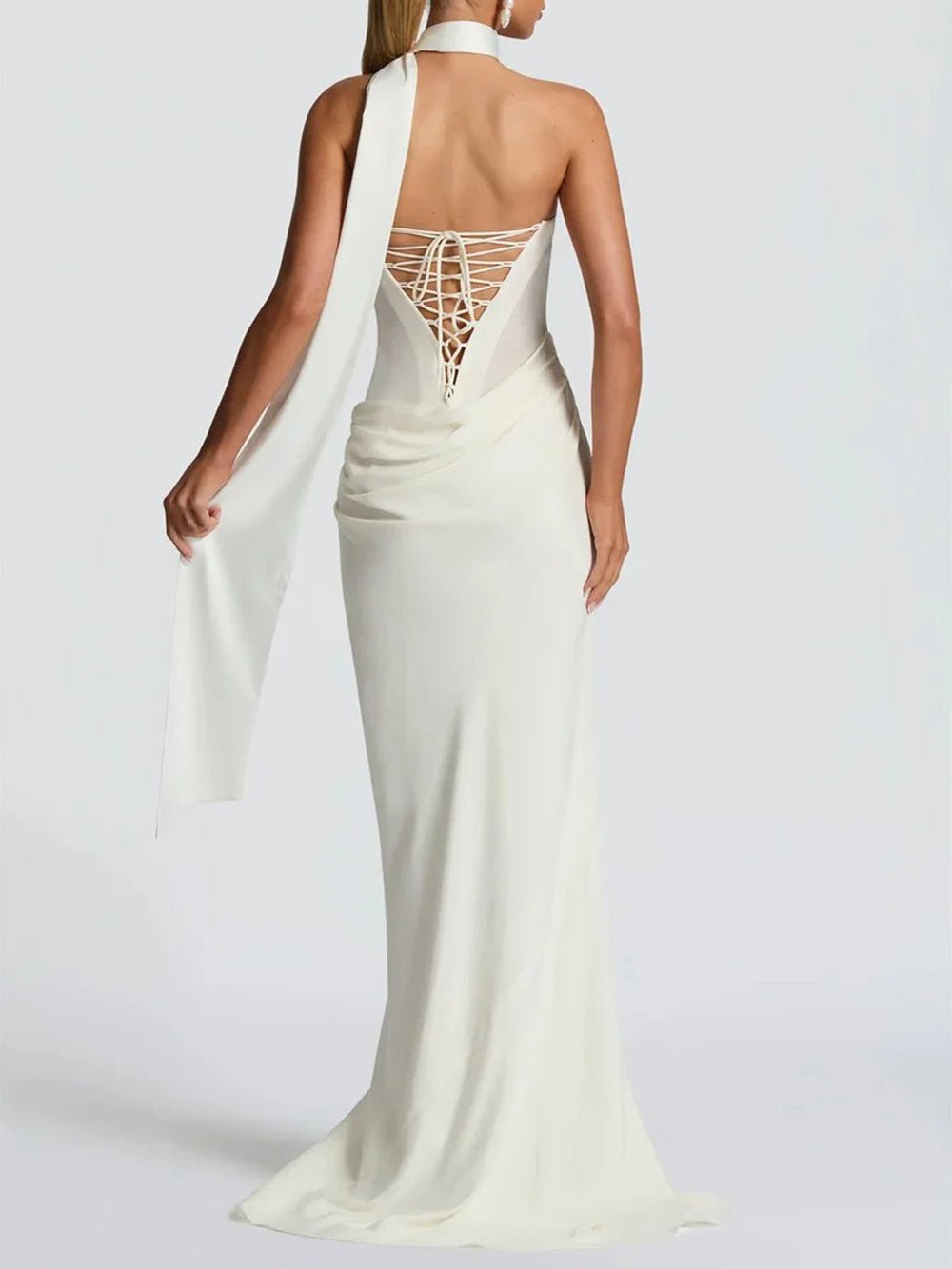 Strapless Cowl Neck Draped Mesh Maxi Gown with Neck Scarf 2