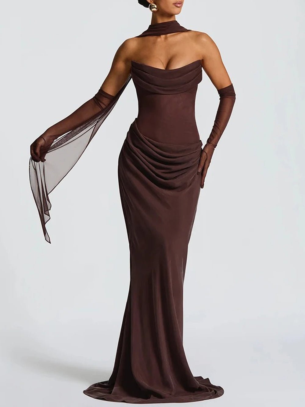 Strapless Cowl Draped Mesh Mermaid Gown with Scarf and Gloves