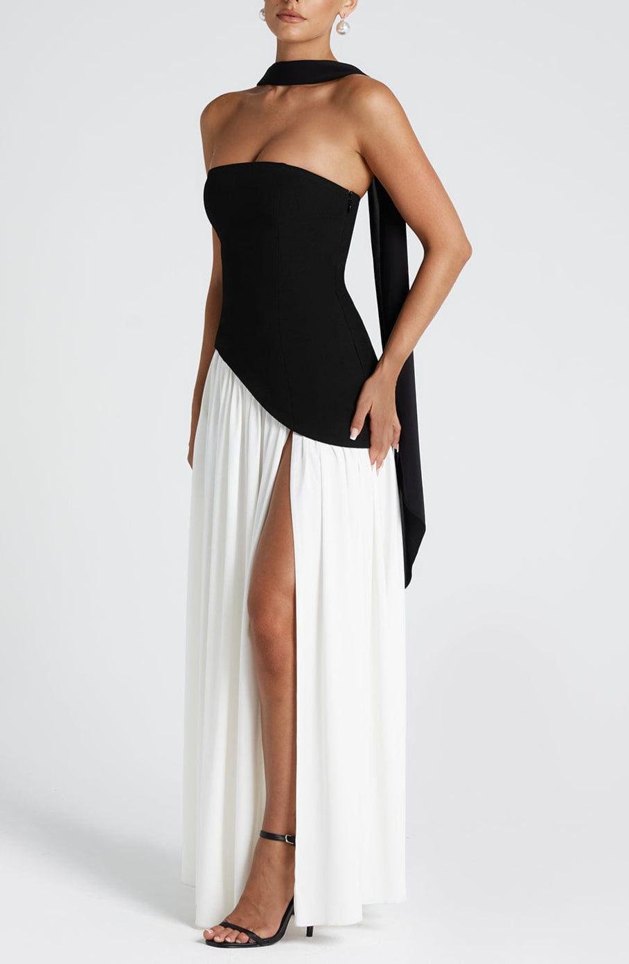 Strapless Asymmetric Drop Waist High Split Maxi Dress with Scarf 12