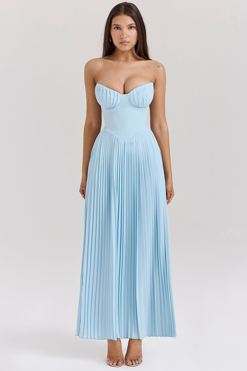 Strapless Sweetheart Bustier Pleated A-Line Maxi Dress