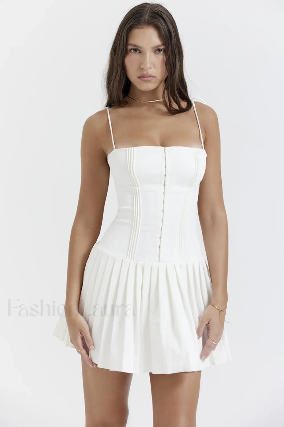 Marcy White Stylish Pleated Mini Dress