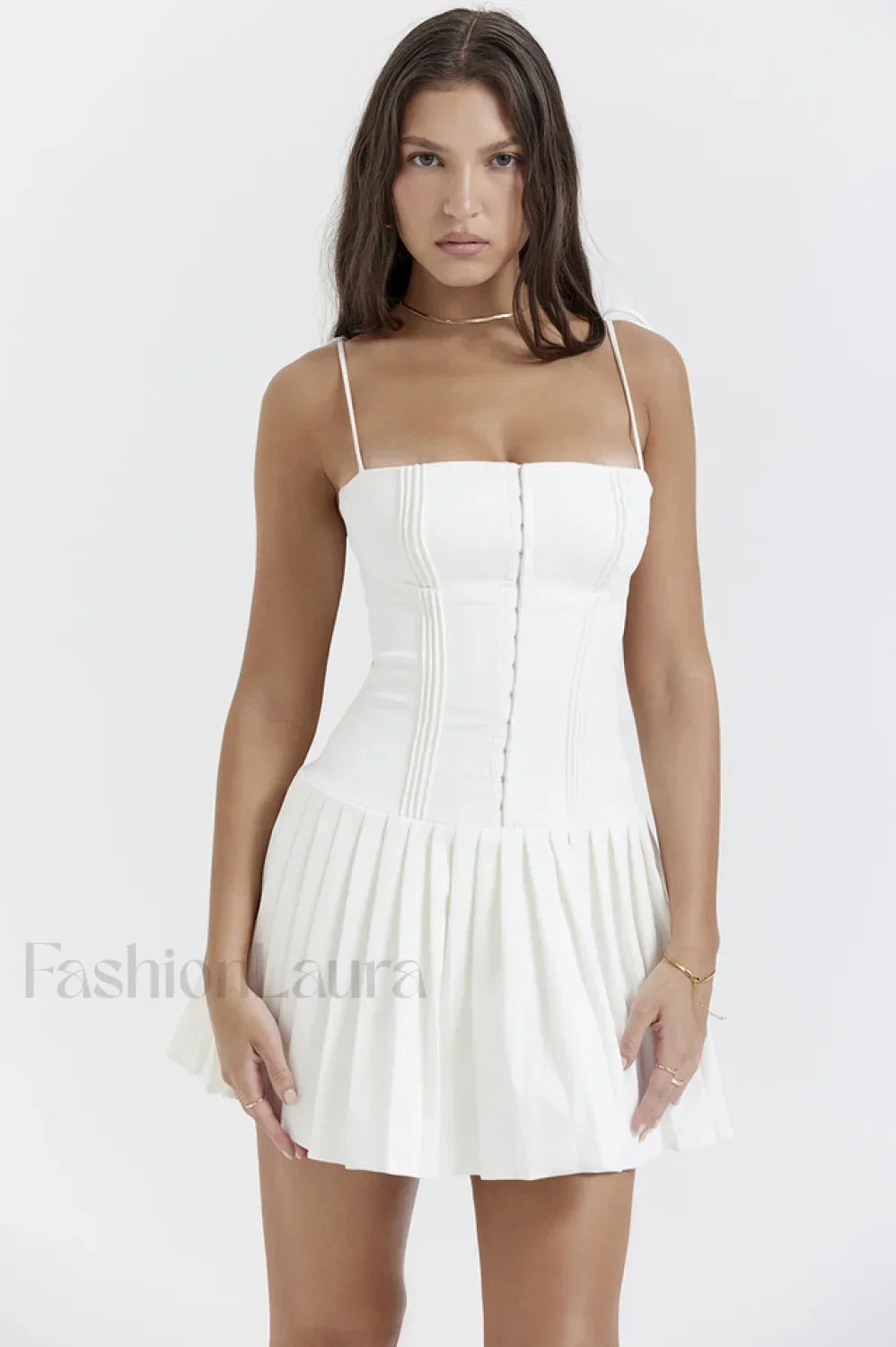 Marcy White Stylish Pleated Mini Dress