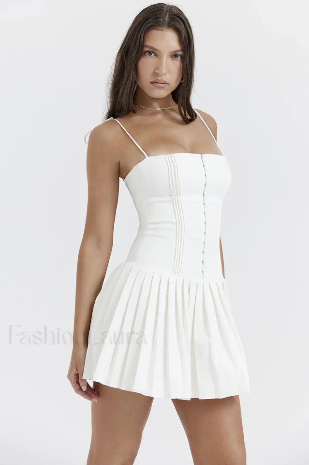 Marcy White Stylish Pleated Mini Dress