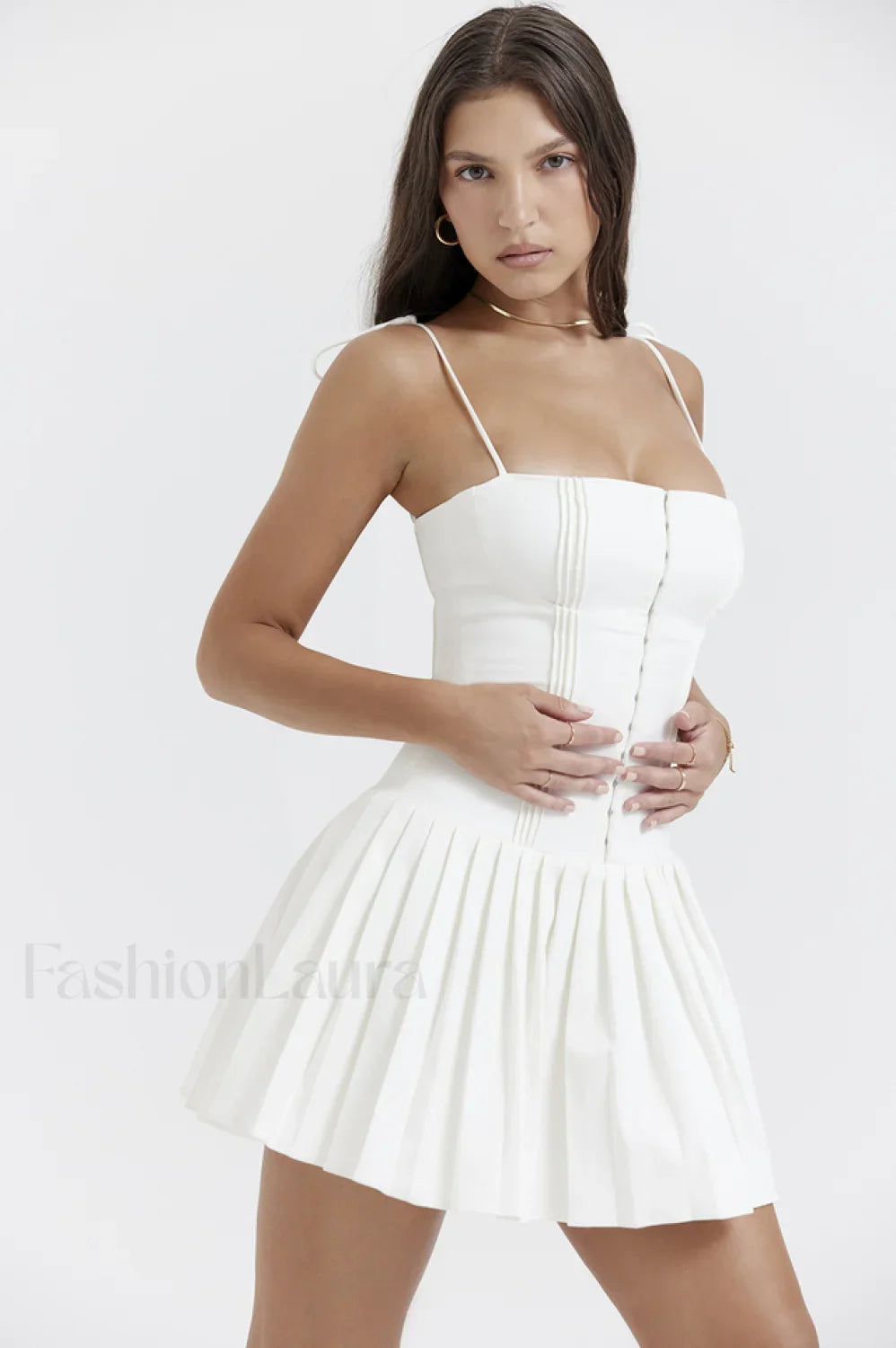 Marcy White Stylish Pleated Mini Dress