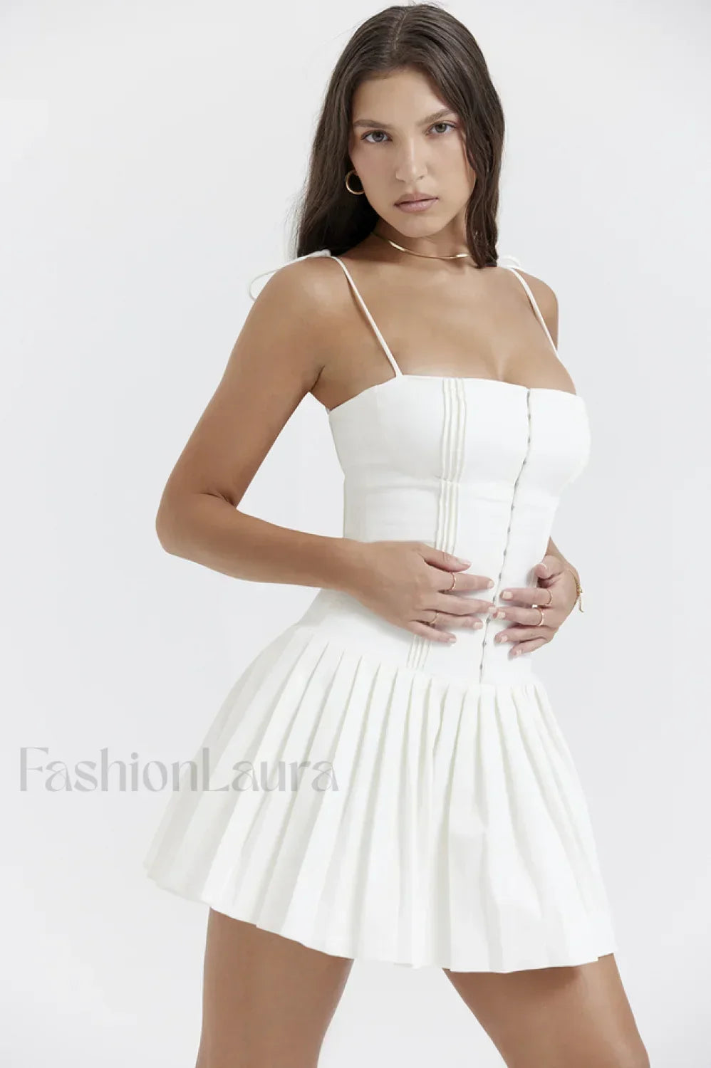 Marcy White Stylish Pleated Mini Dress