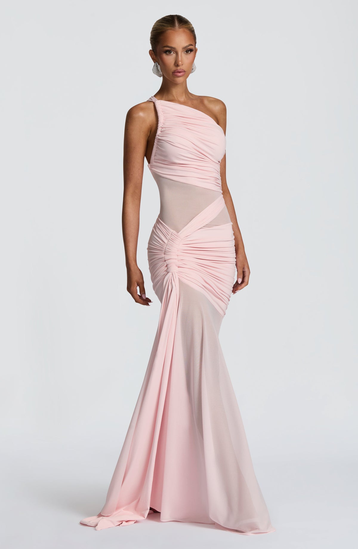Mesh One Shoulder Sheer Cut Out Panel Ruched Mermaid Gown 2