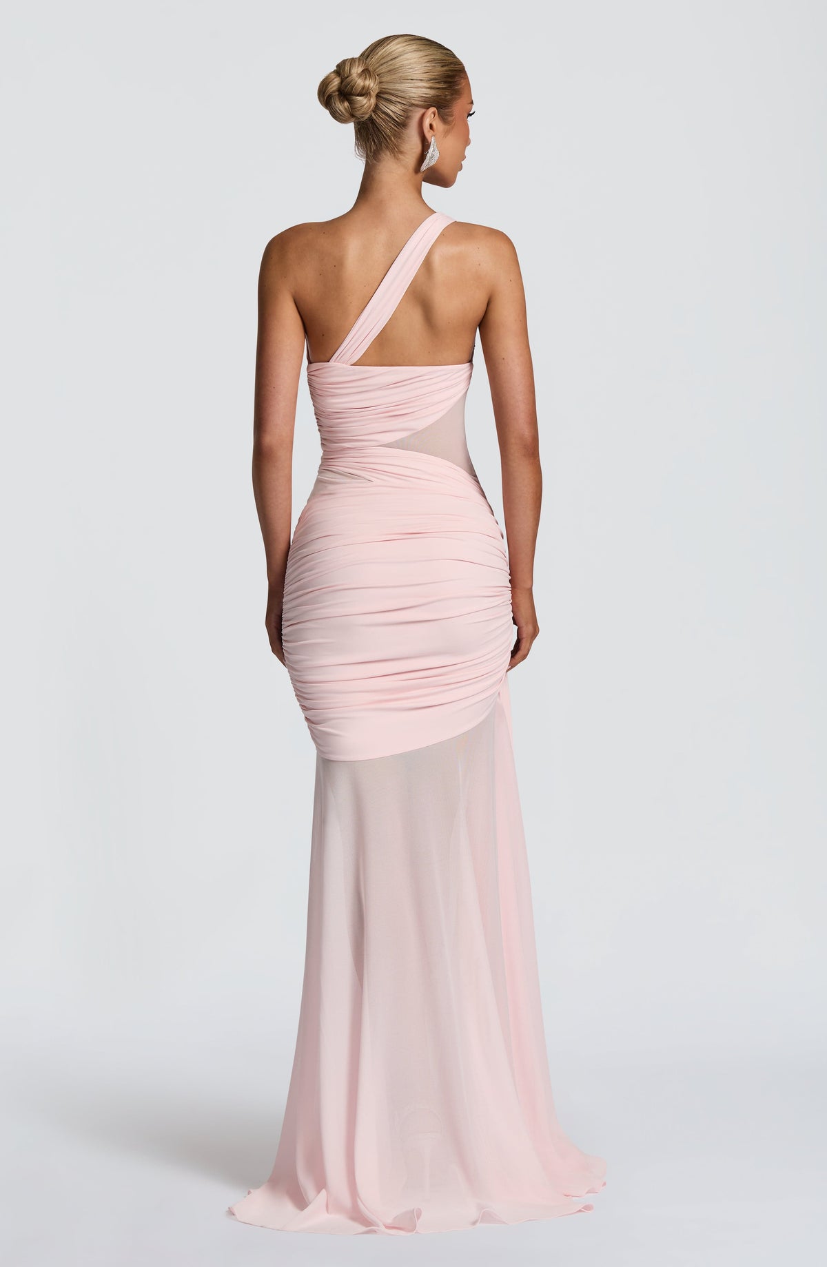 Mesh One Shoulder Sheer Cut Out Panel Ruched Mermaid Gown 4