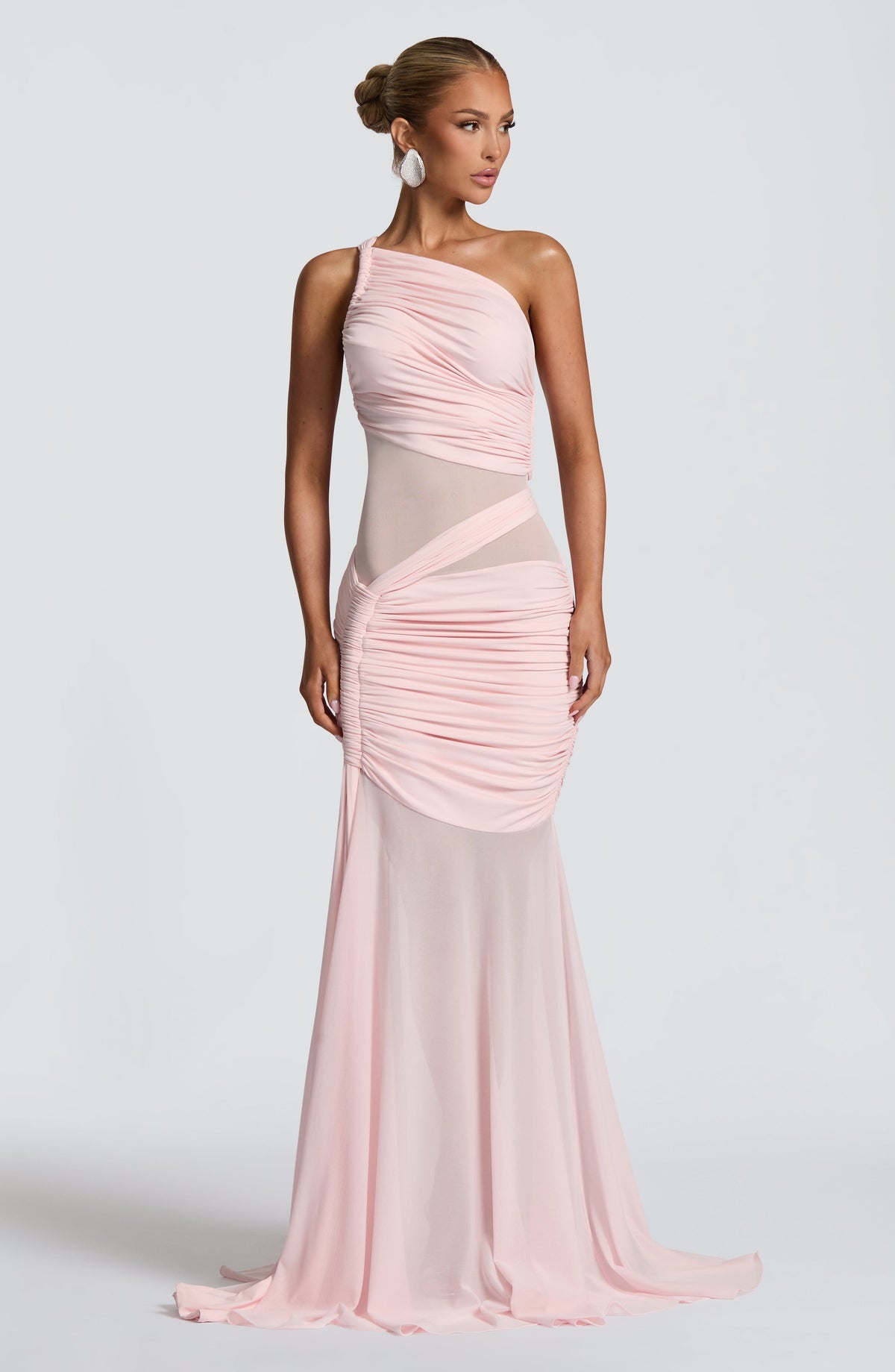 Mesh One Shoulder Sheer Cut Out Panel Ruched Mermaid Gown