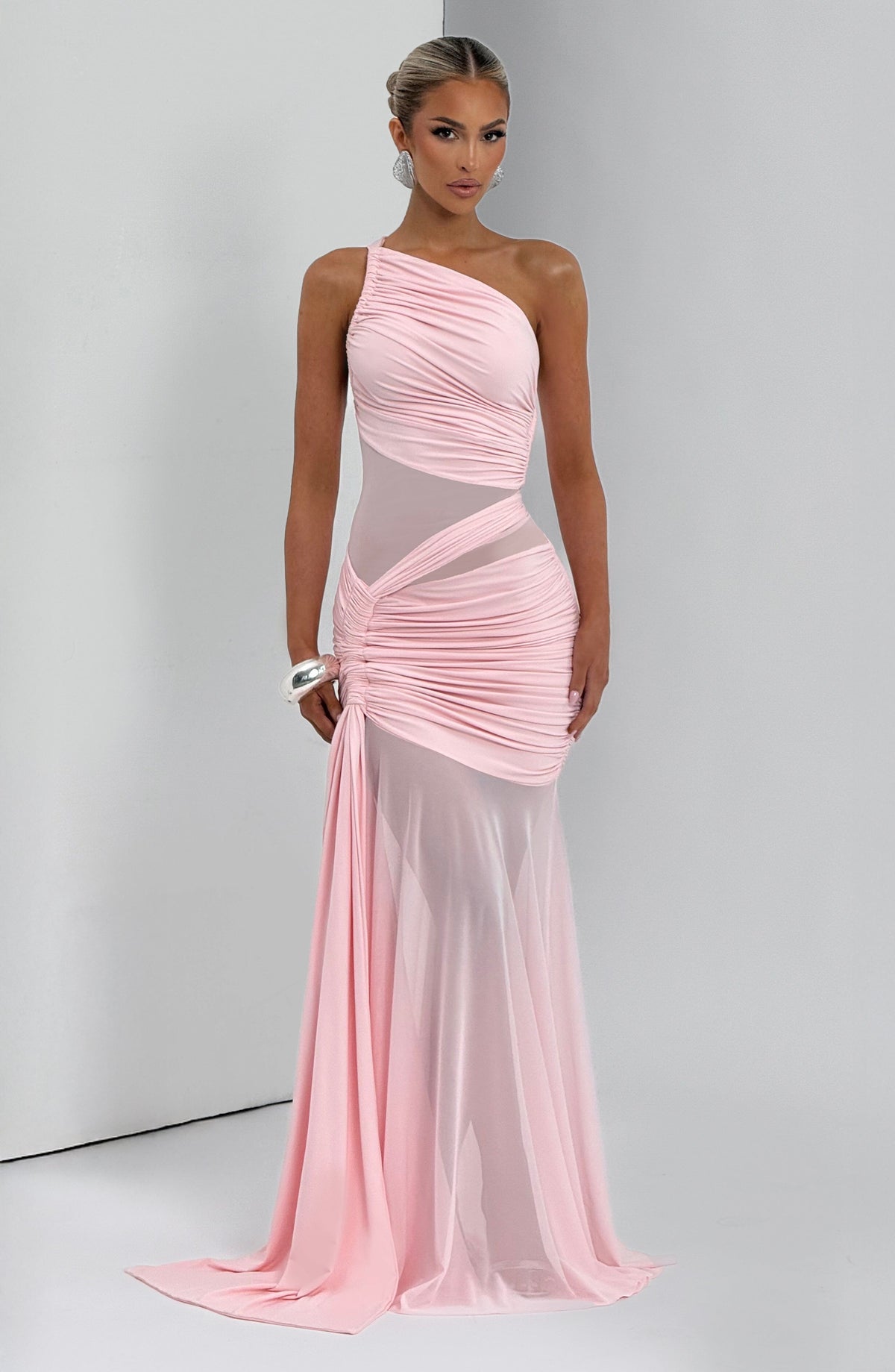 Mesh One Shoulder Sheer Cut Out Panel Ruched Mermaid Gown 8