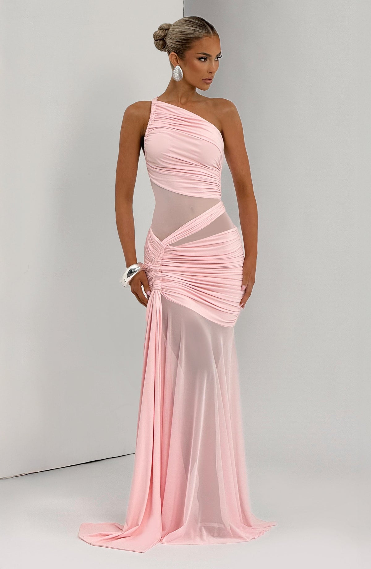 Mesh One Shoulder Sheer Cut Out Panel Ruched Mermaid Gown 9