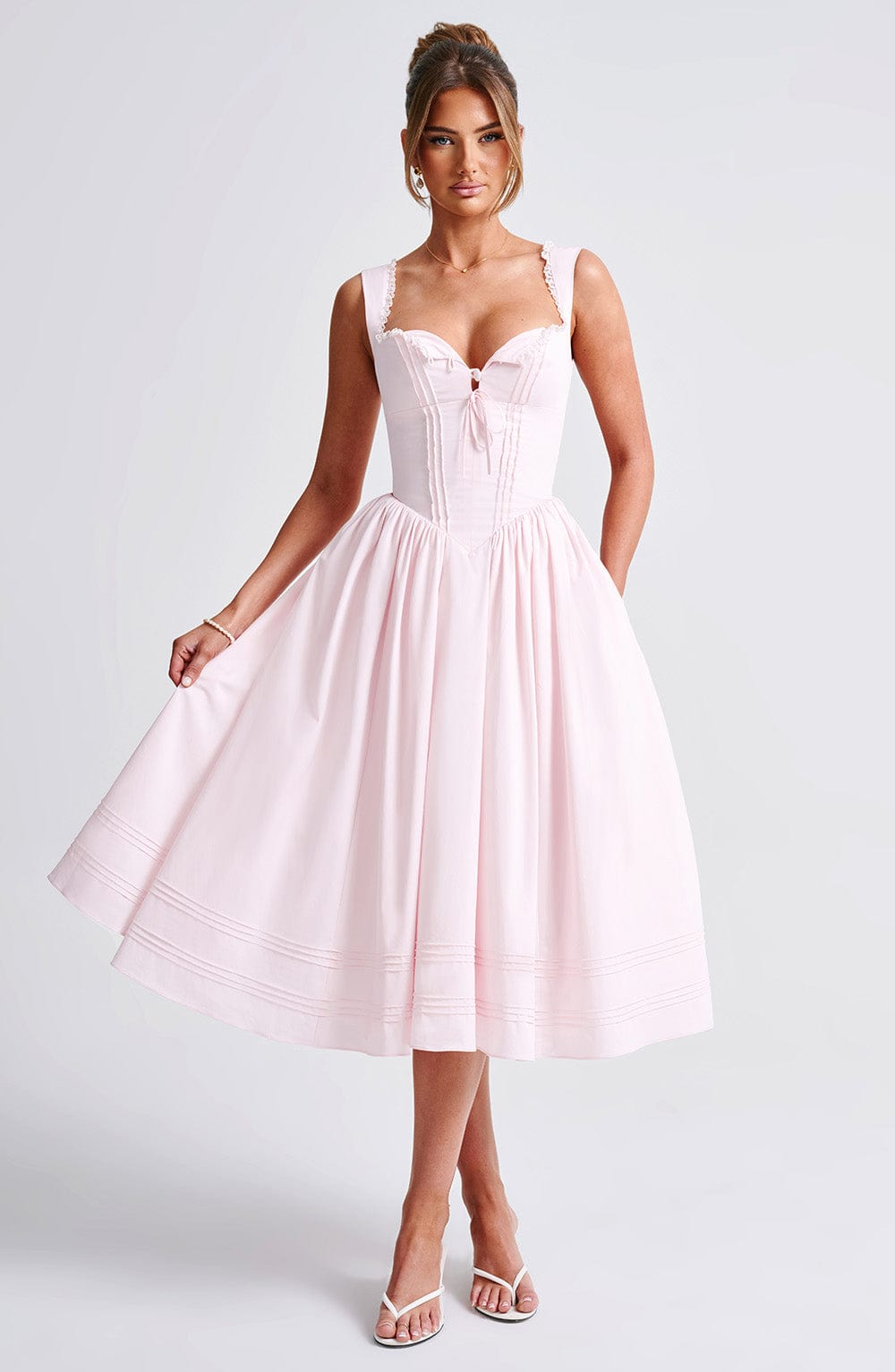 Sweetheart Corset Bodice Lace Trim Bow Pintuck Hem Midi Dress 9