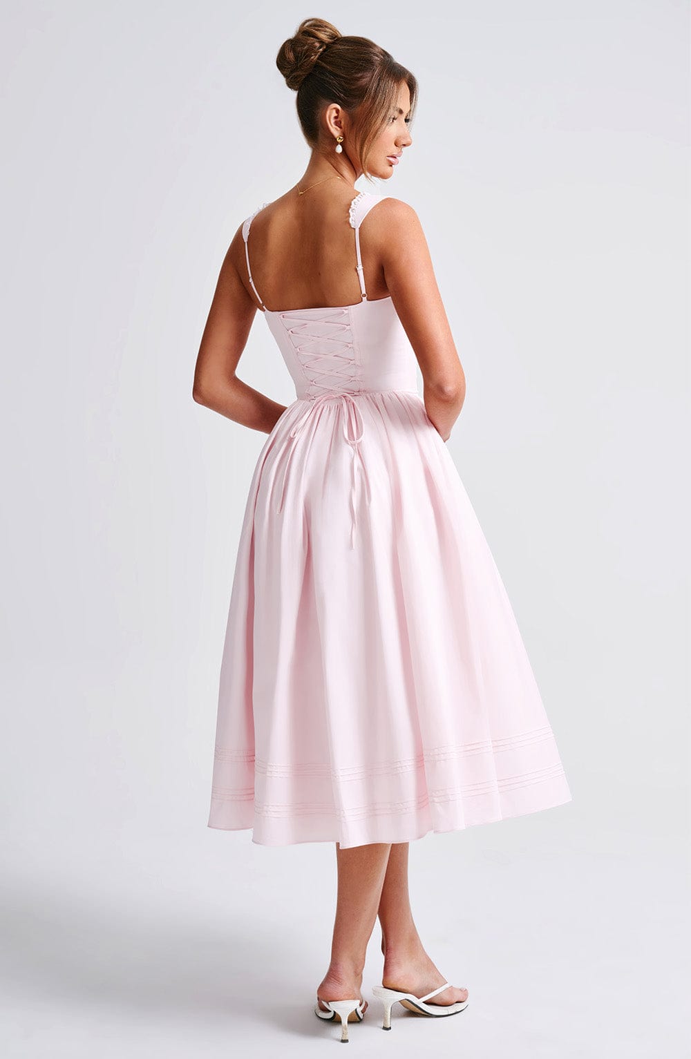 Sweetheart Corset Bodice Lace Trim Bow Pintuck Hem Midi Dress 10