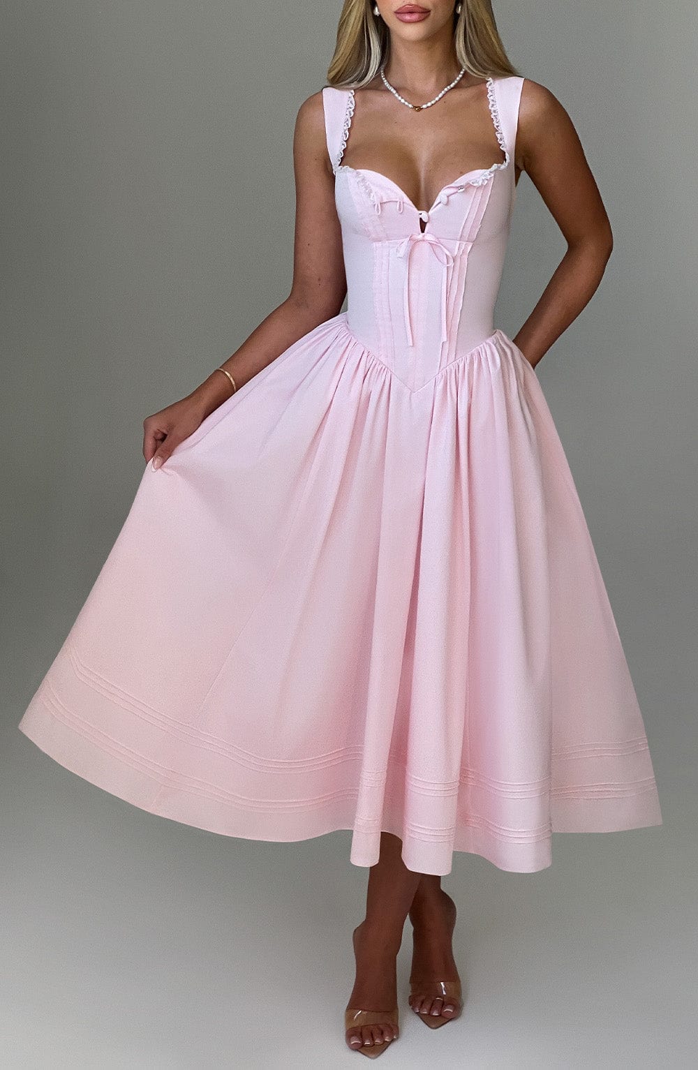 Sweetheart Corset Bodice Lace Trim Bow Pintuck Hem Midi Dress 2