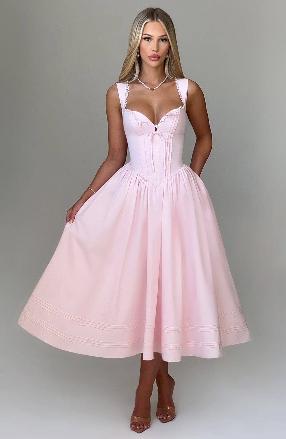 Sweetheart Corset Bodice Lace Trim Bow Pintuck Hem Midi Dress